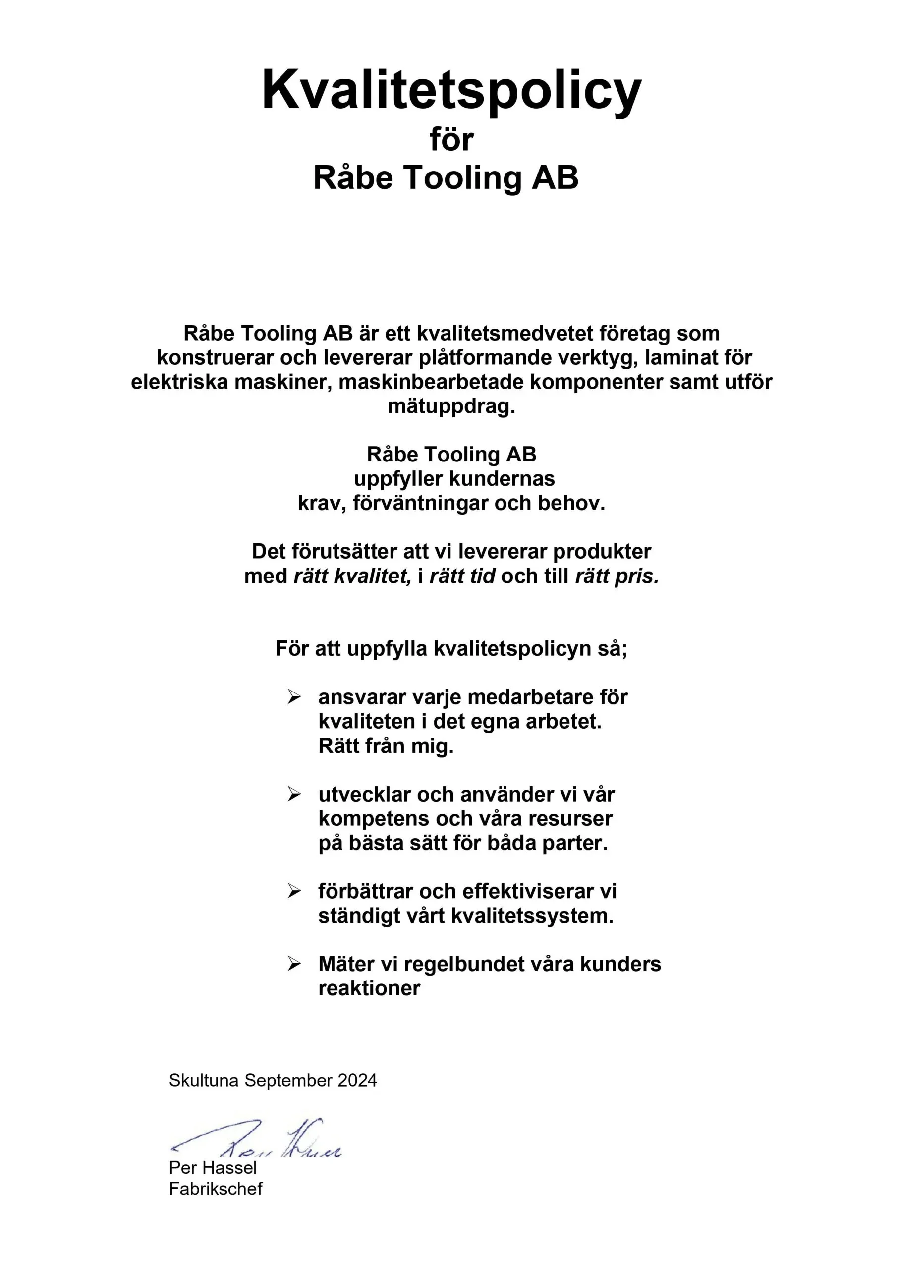 Råbe Tooling AB Kvalitetspolicy dokument