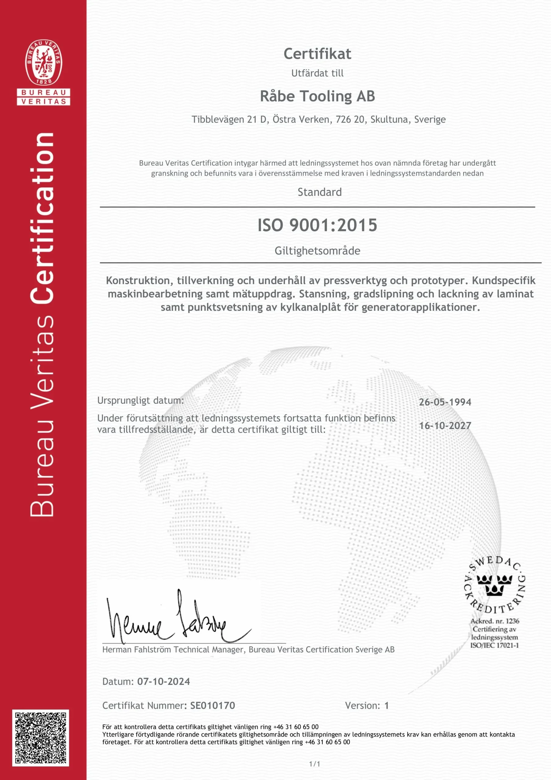 Råbe Tooling AB ISO 9001 certifikat